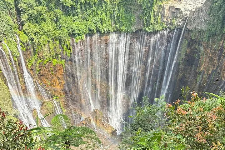 wide view of the spectacular Tumpak Sewu Waterfall cascading down a circular cliff